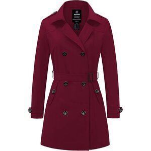 Women's Wine Red Waterproof Trench Coat with Classic Lapel and Belted Design